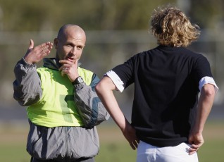 Ngaruawahia coach Richard Harris gives off some last minute instructions. NRFL Northern Region Football League Premier Division, Forrest Hill Milford AFC v Ngaruawahia Utd AFC, Becroft Park, Forrest Hill, Saturday 10th July 2010. Photo: Shane Wenzlick